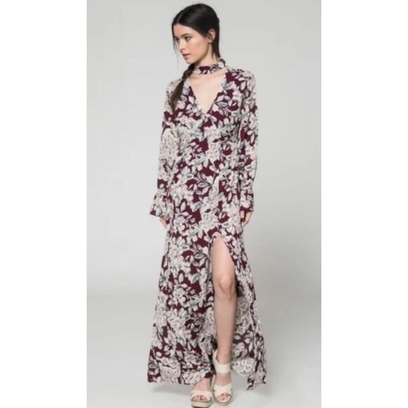 Honey Belle Dresses & Skirts - Honey Belle Y2K Choker Neck Floral Print Maxi Dress in Burgundy